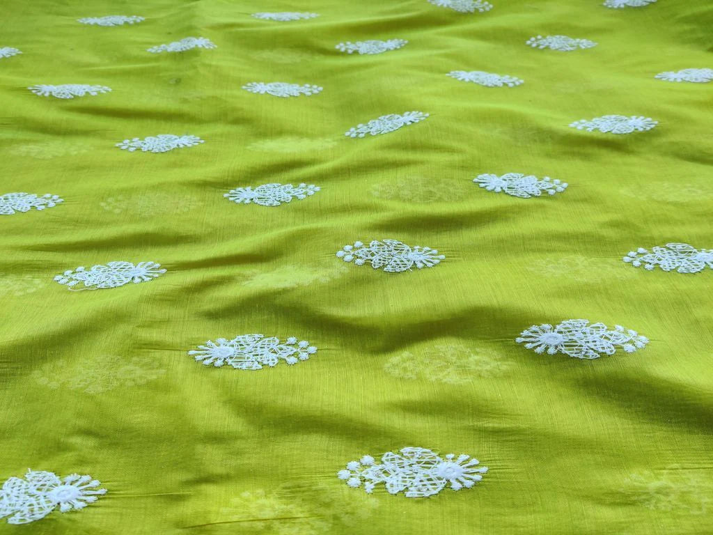 Lime Green White Floral Sequins Floral Motifs Chikankari Embroidered Chanderi Fabric