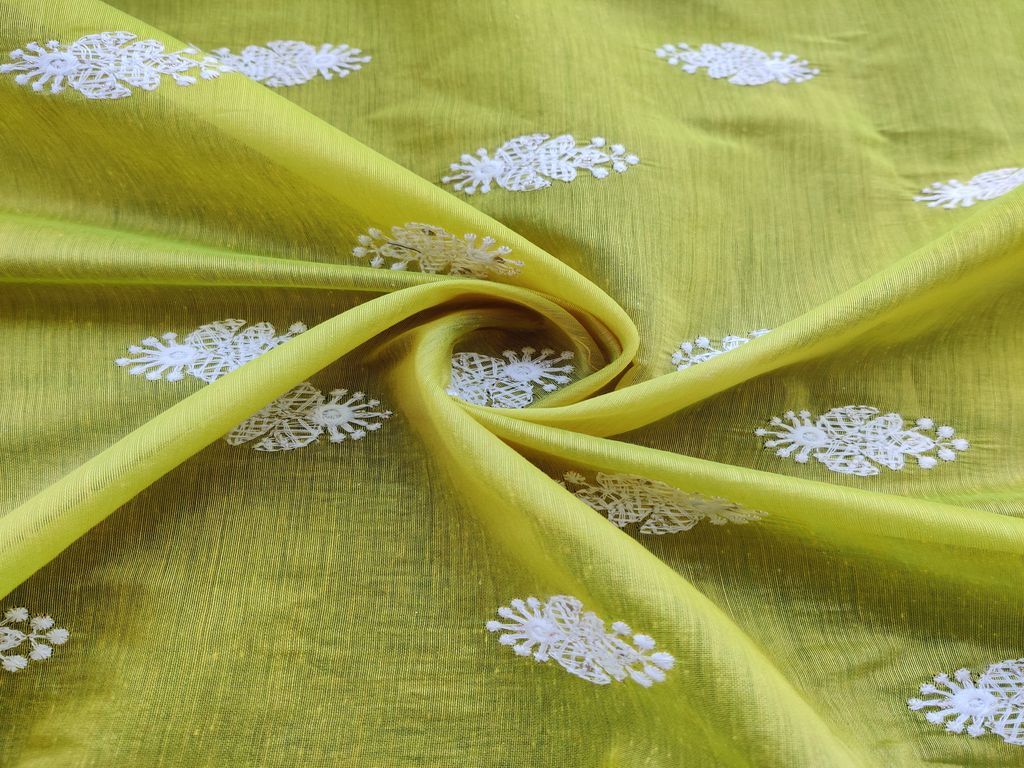 Lime Green White Floral Sequins Floral Motifs Chikankari Embroidered Chanderi Fabric