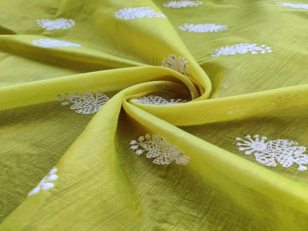 Lime Green White Floral Sequins Floral Motifs Chikankari Embroidered Chanderi Fabric