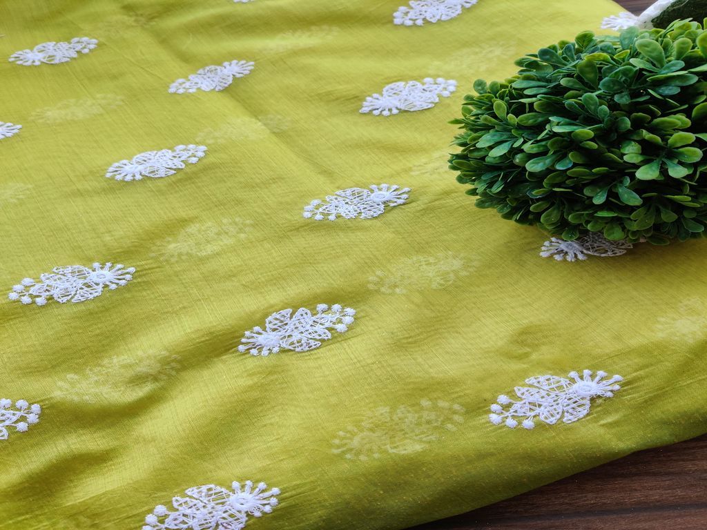 Lime Green White Floral Sequins Floral Motifs Chikankari Embroidered Chanderi Fabric