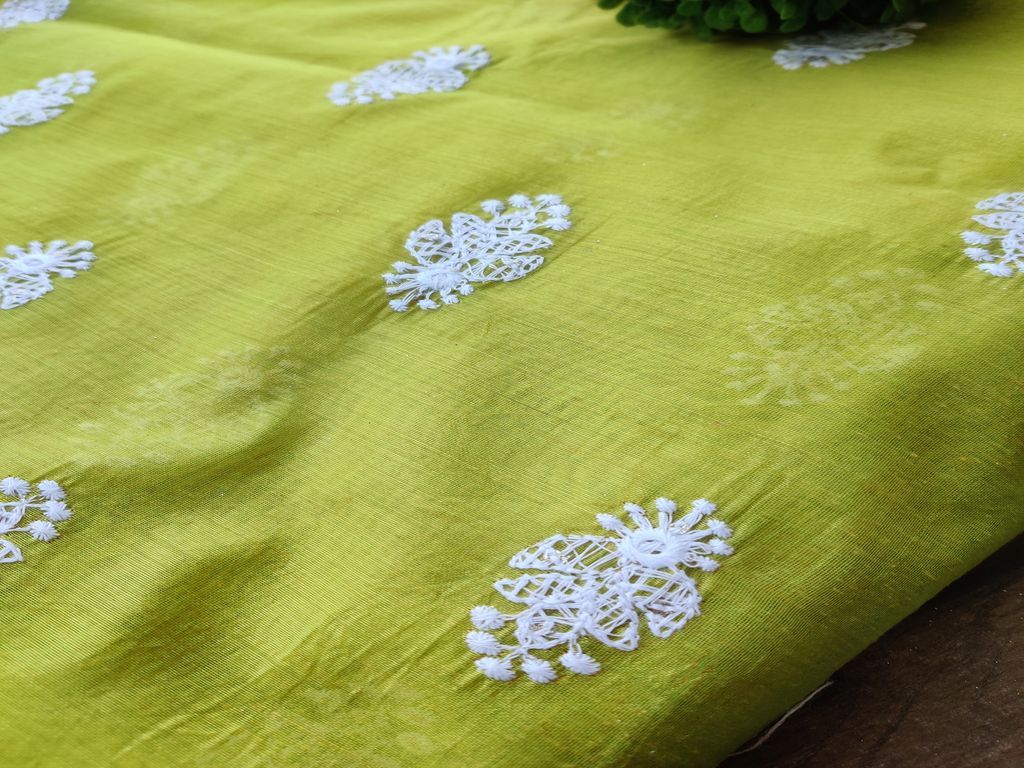 Lime Green White Floral Sequins Floral Motifs Chikankari Embroidered Chanderi Fabric