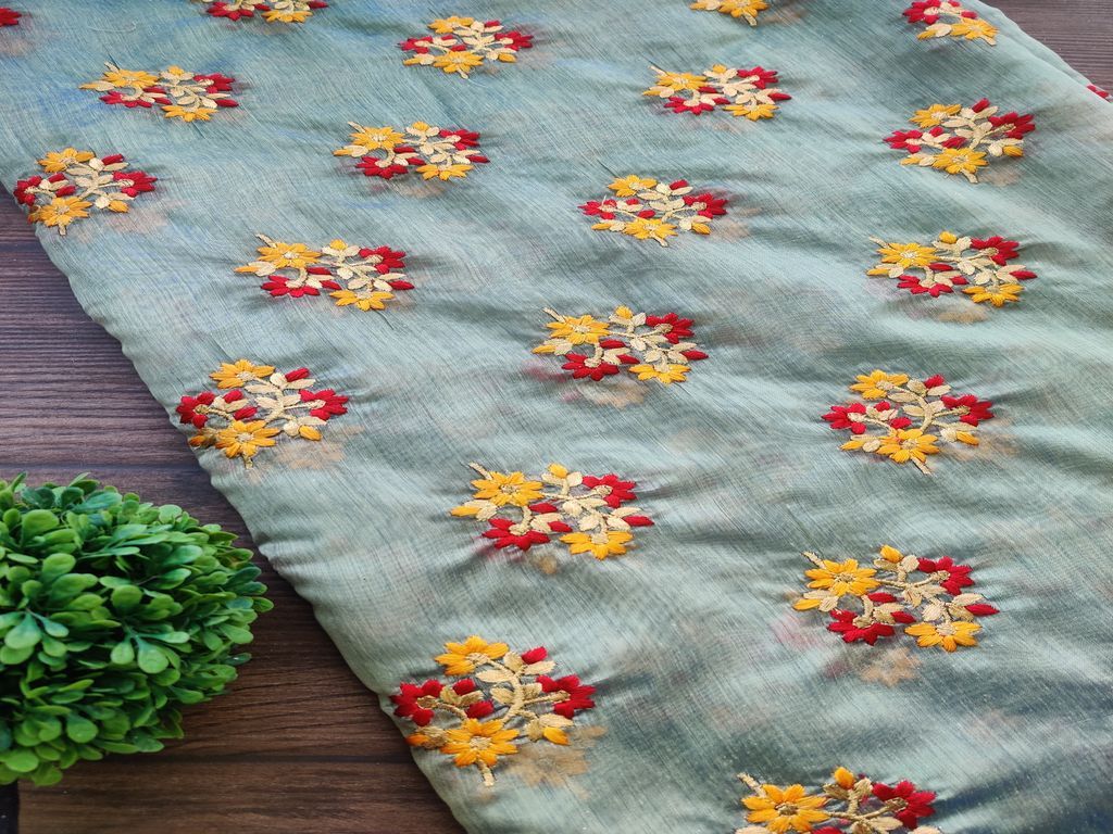 Green Golden Dual Shaded Multicolour Thread Zari Floral Motifs Chanderi Fabric