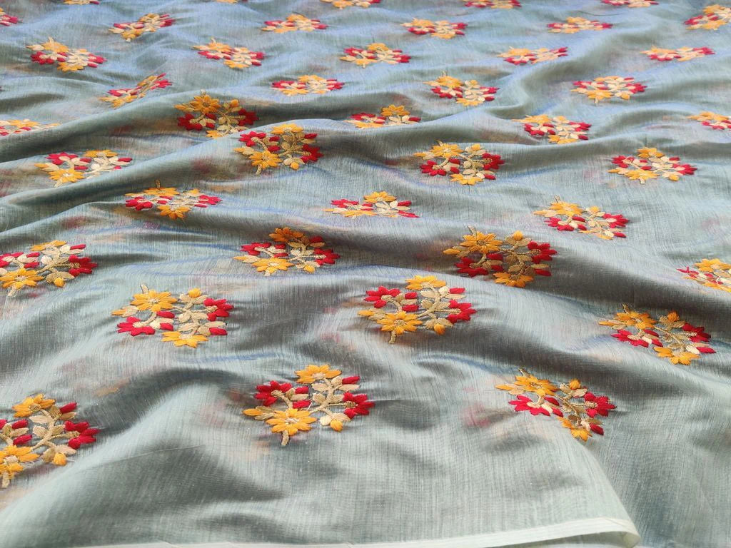 Green Golden Dual Shaded Multicolour Thread Zari Floral Motifs Chanderi Fabric