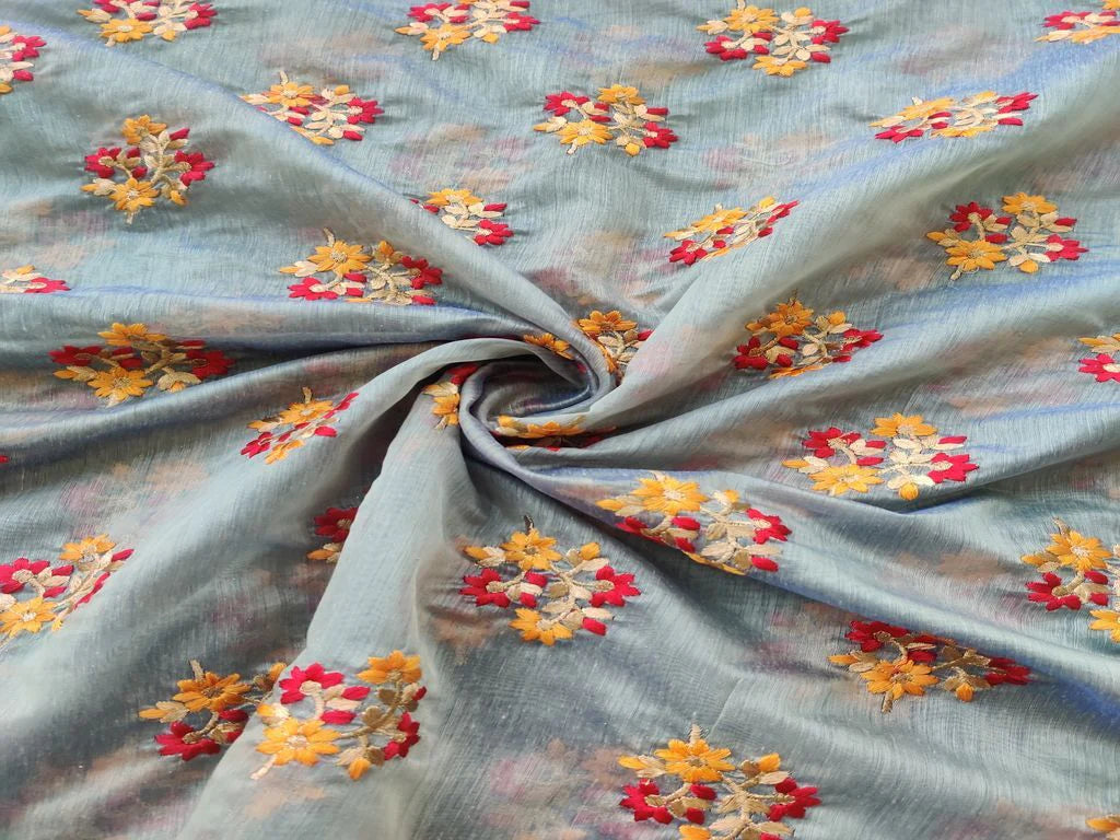 Green Golden Dual Shaded Multicolour Thread Zari Floral Motifs Chanderi Fabric
