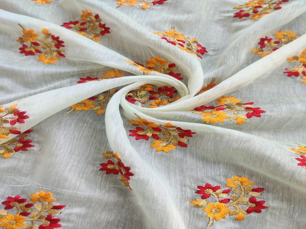 Mint Green Multicolour Thread & Zari Floral Motifs Embroidered Chanderi Fabric