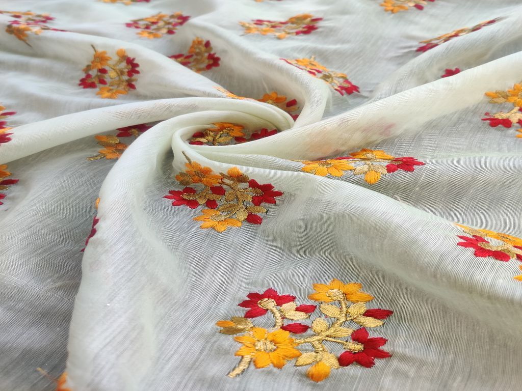 Mint Green Multicolour Thread & Zari Floral Motifs Embroidered Chanderi Fabric