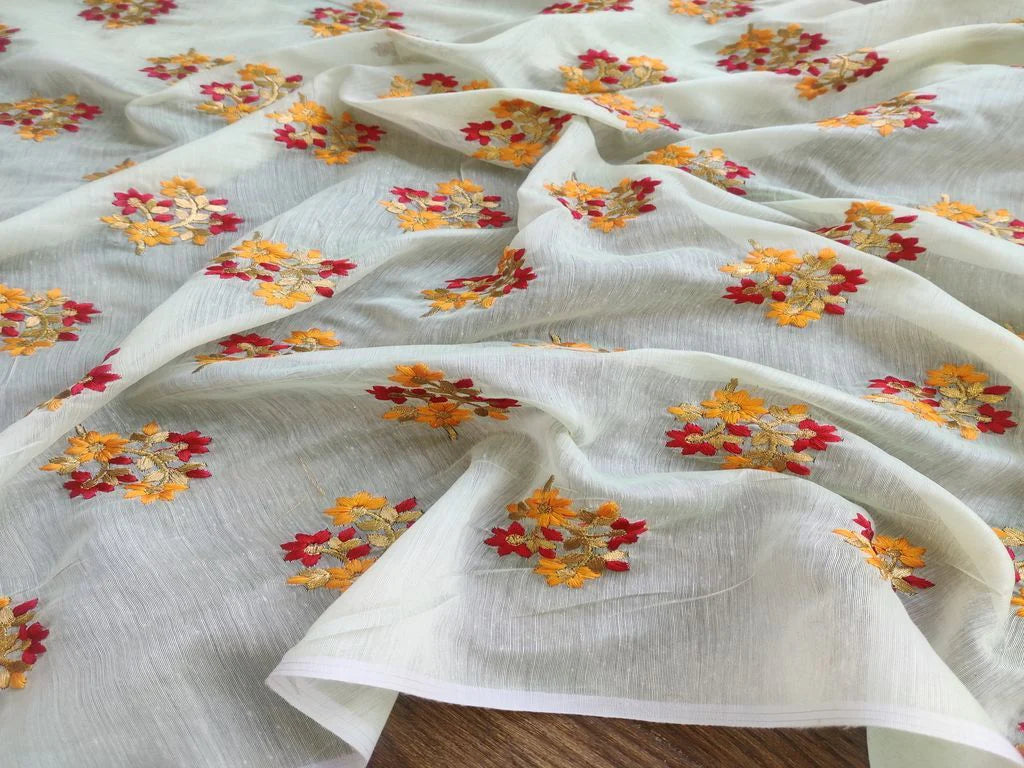Mint Green Multicolour Thread & Zari Floral Motifs Embroidered Chanderi Fabric
