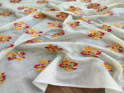 Mint Green Multicolour Thread & Zari Floral Motifs Embroidered Chanderi Fabric