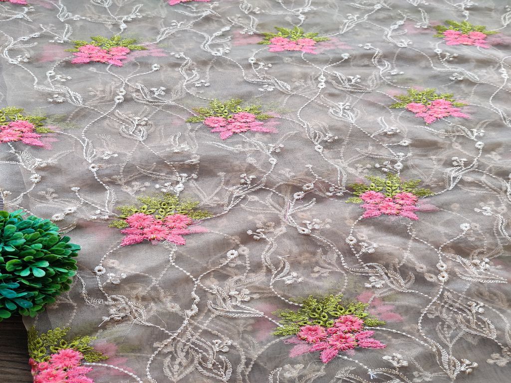 Beige Multicolour Floral Embroidered Organza Fabric