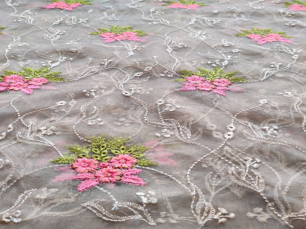 Beige Multicolour Floral Embroidered Organza Fabric