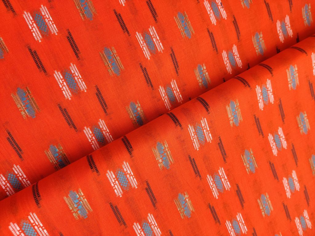 Bright Orange Abstract Bengal Butta Handloom Cotton Fabric