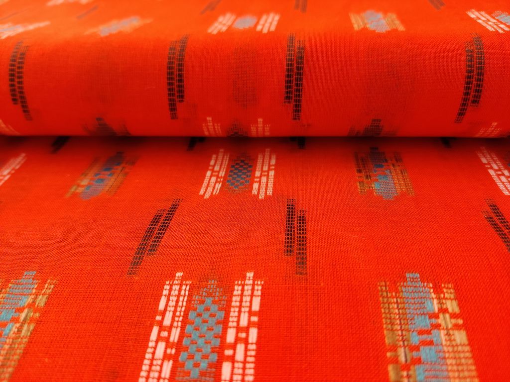 Bright Orange Abstract Bengal Butta Handloom Cotton Fabric