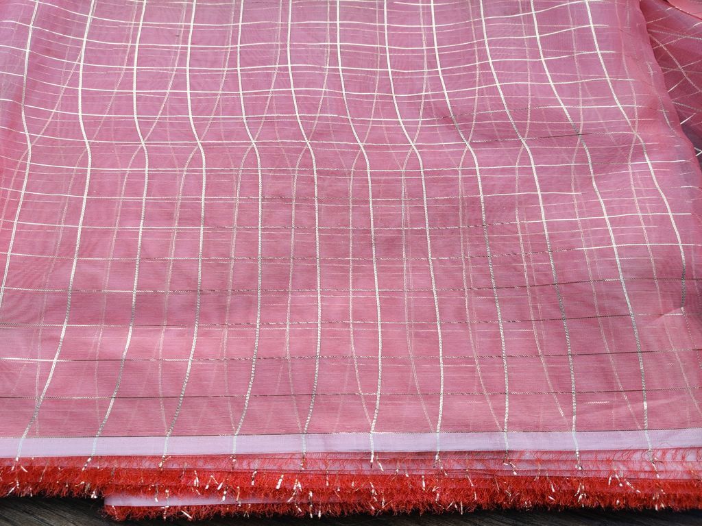 Peach Pink Golden Weaved Checks Organza Fabric
