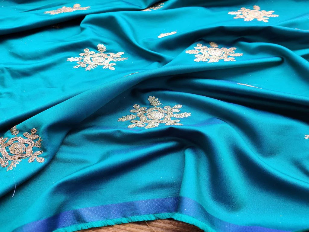 Blue Dual Shaded Golden Dori Floral Motifs Embroidered Taffeta Silk Fabric