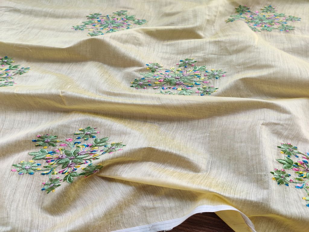 Yellow Multicolour Flowers Embroidered Chanderi Fabric