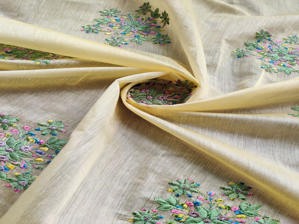 Yellow Multicolour Flowers Embroidered Chanderi Fabric