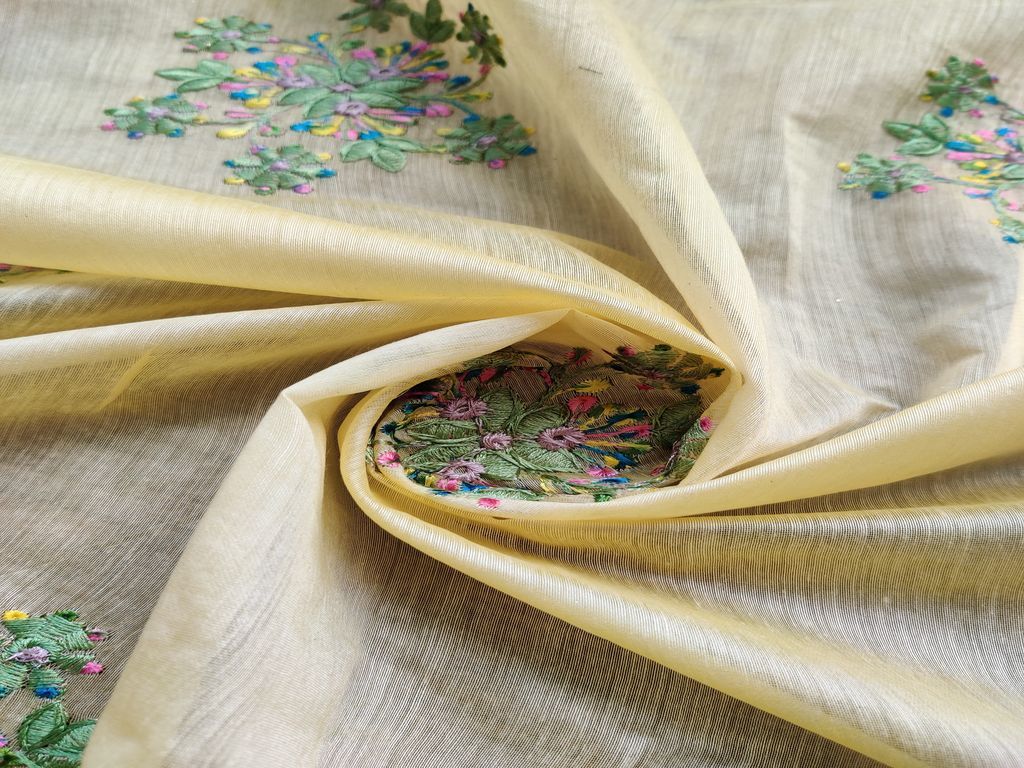 Yellow Multicolour Flowers Embroidered Chanderi Fabric