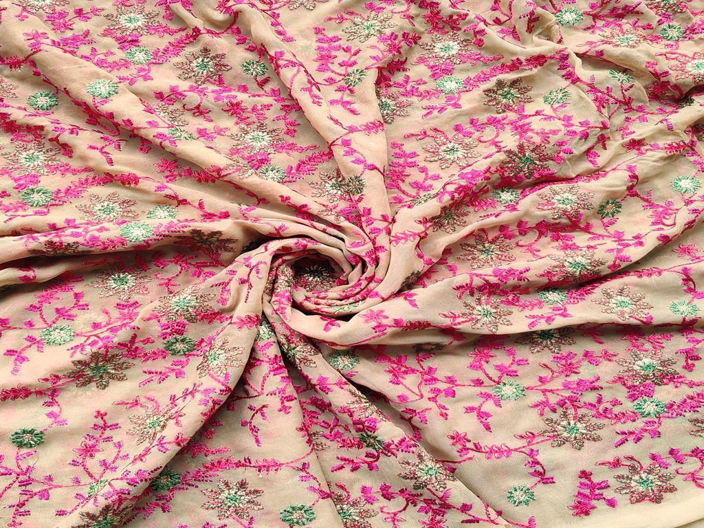 Olive Green Pink Flowers Kashmiri Embroidered Georgette Fabric