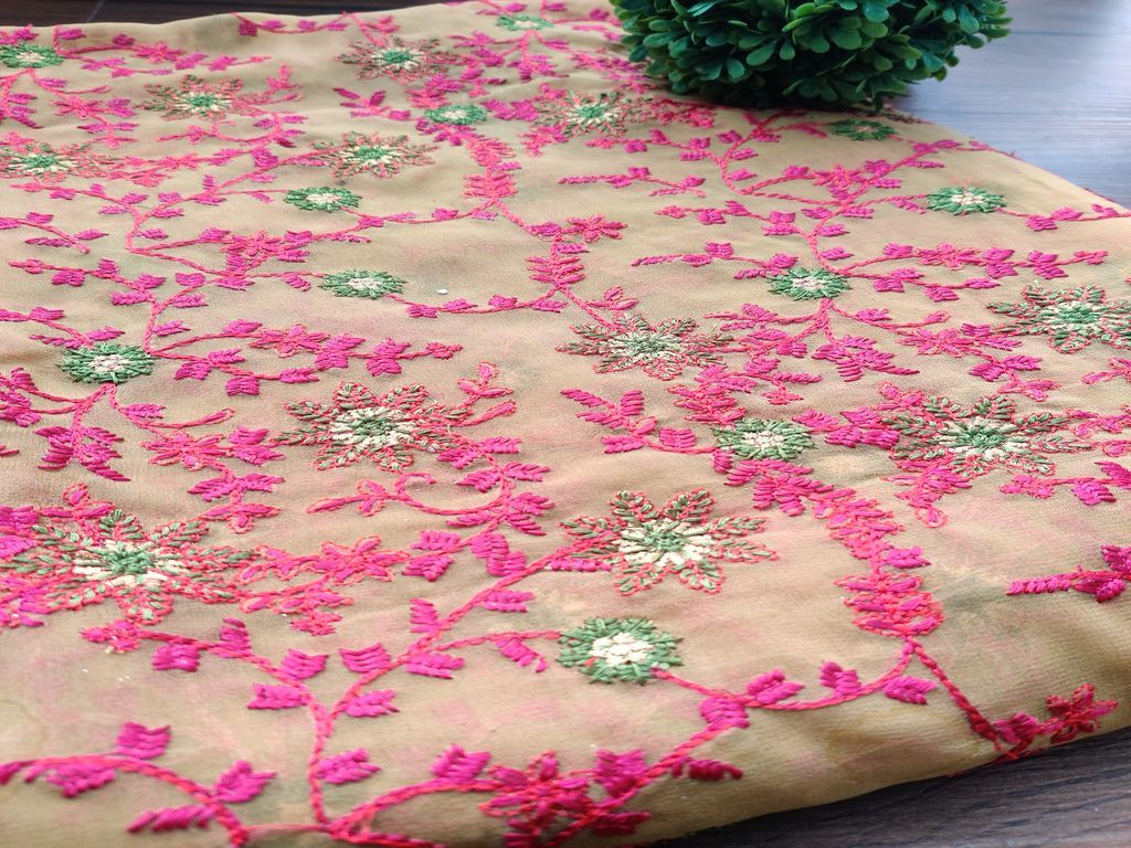 Olive Green Pink Flowers Kashmiri Embroidered Georgette Fabric