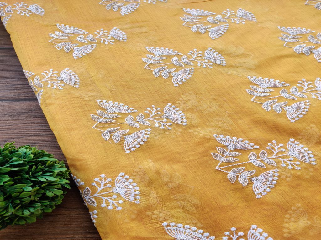Yellow White Flowers Lakhnawi Sequins Embroidered Chanderi Fabric