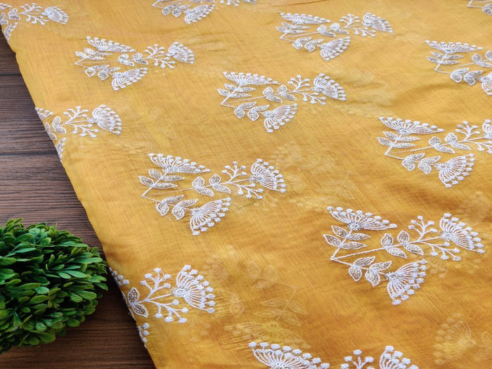 Yellow White Flowers Lakhnawi Sequins Embroidered Chanderi Fabric
