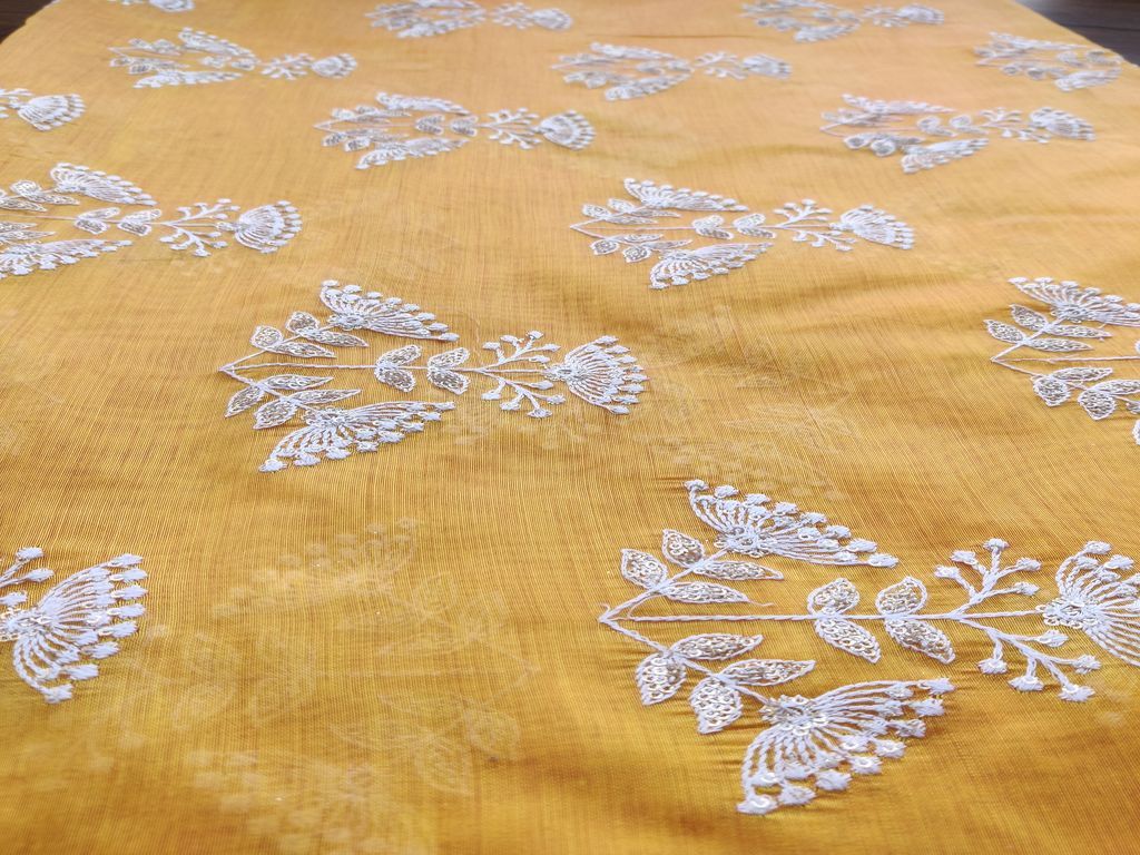 Yellow White Flowers Lakhnawi Sequins Embroidered Chanderi Fabric