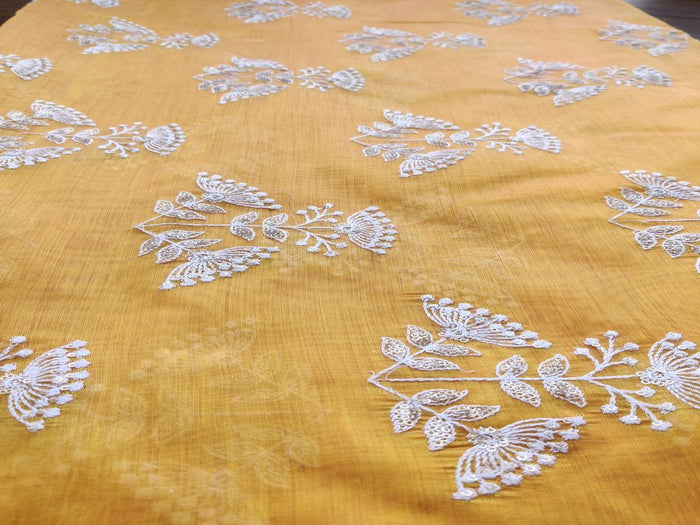 Yellow White Flowers Lakhnawi Sequins Embroidered Chanderi Fabric