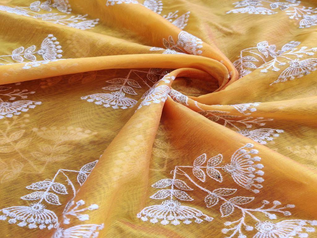 Yellow White Flowers Lakhnawi Sequins Embroidered Chanderi Fabric