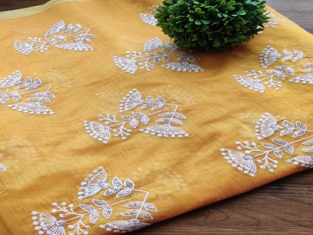 Yellow White Flowers Lakhnawi Sequins Embroidered Chanderi Fabric