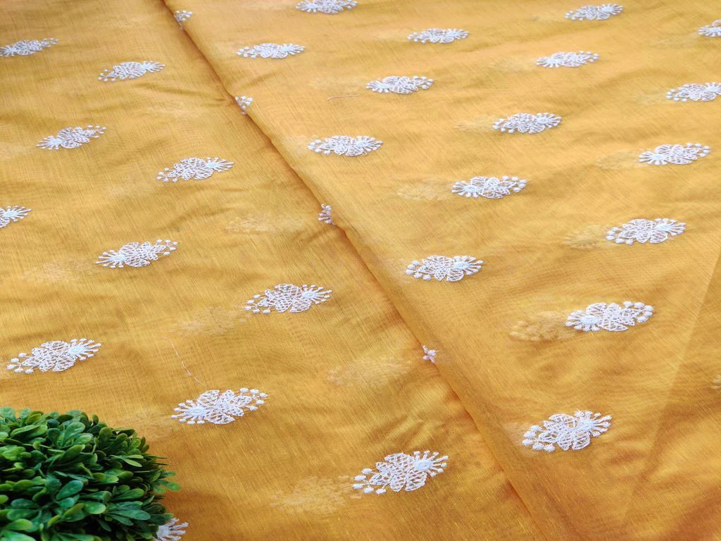 Yellow White Floral Motifs Lakhnawi Sequins Embroidered Chanderi Fabric