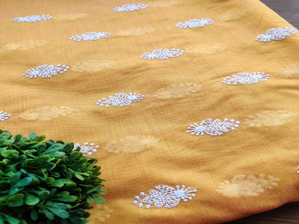 Yellow White Floral Motifs Lakhnawi Sequins Embroidered Chanderi Fabric
