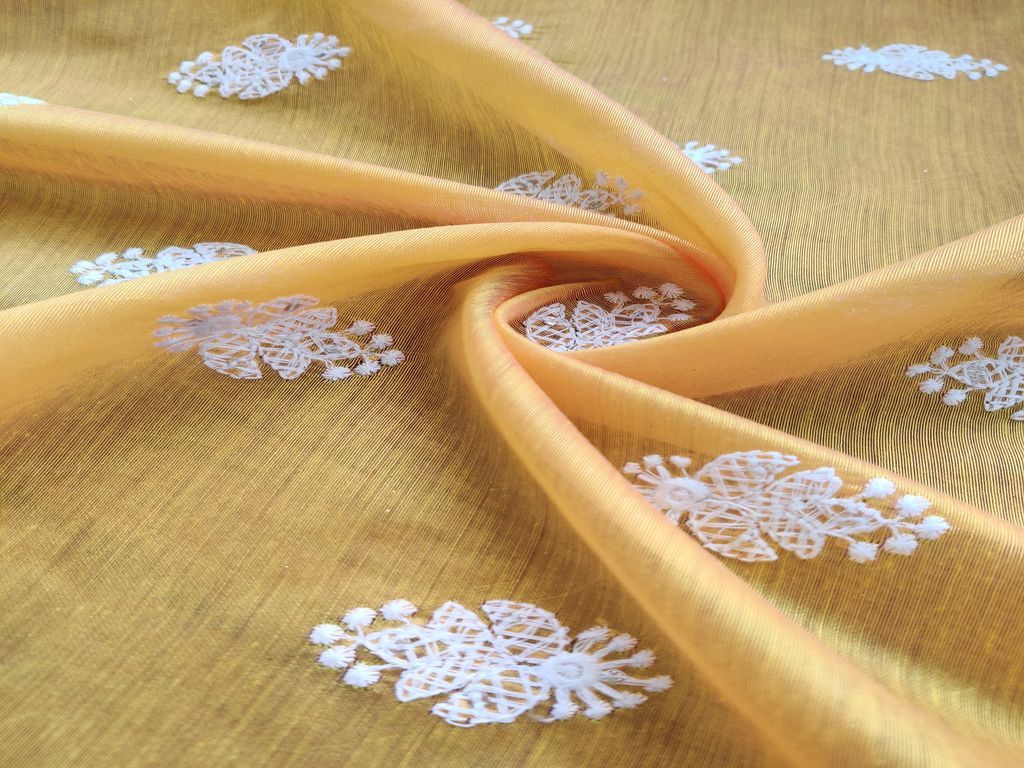 Yellow White Floral Motifs Lakhnawi Sequins Embroidered Chanderi Fabric