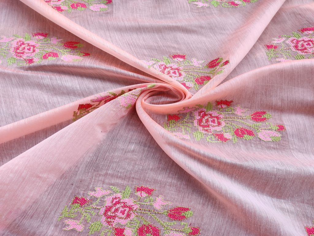 Peach Multicolour Flowers Embroidered Chanderi Fabric