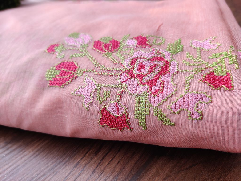 Peach Multicolour Flowers Embroidered Chanderi Fabric