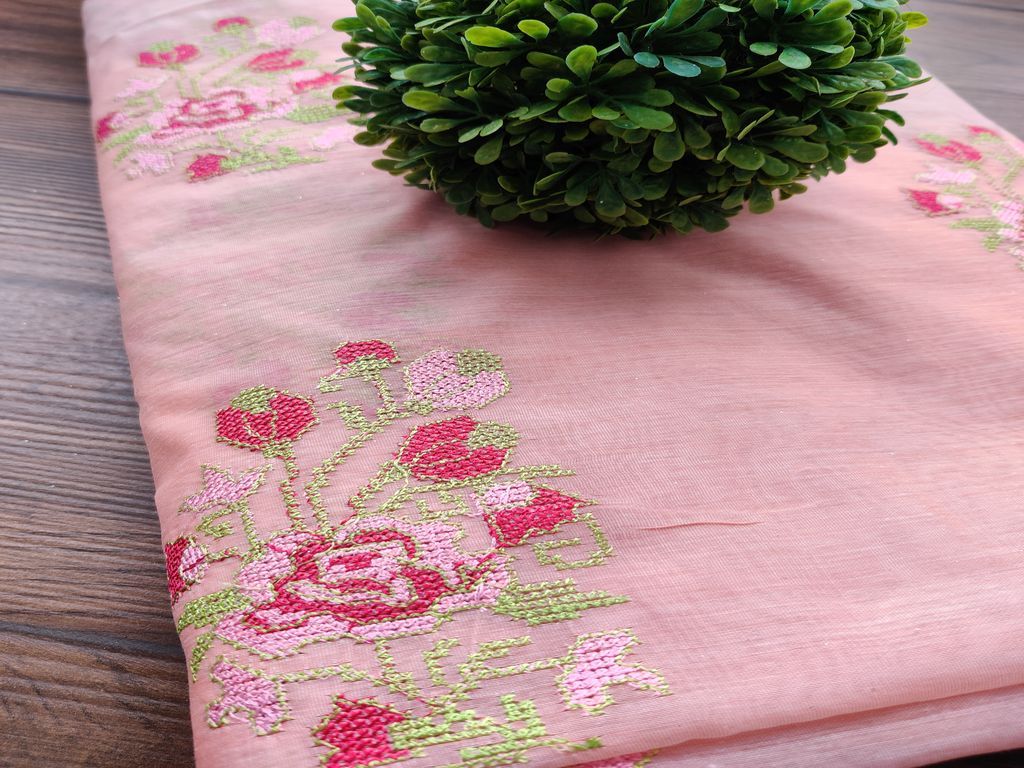 Peach Multicolour Flowers Embroidered Chanderi Fabric