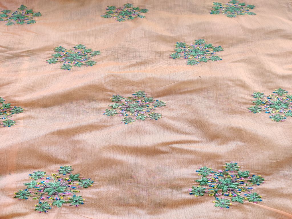 Light Orange Green Multicolour Floral Motifs Embroidered Chanderi Fabric