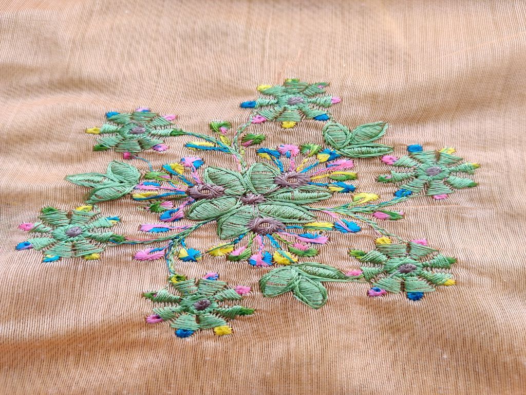 Light Orange Green Multicolour Floral Motifs Embroidered Chanderi Fabric