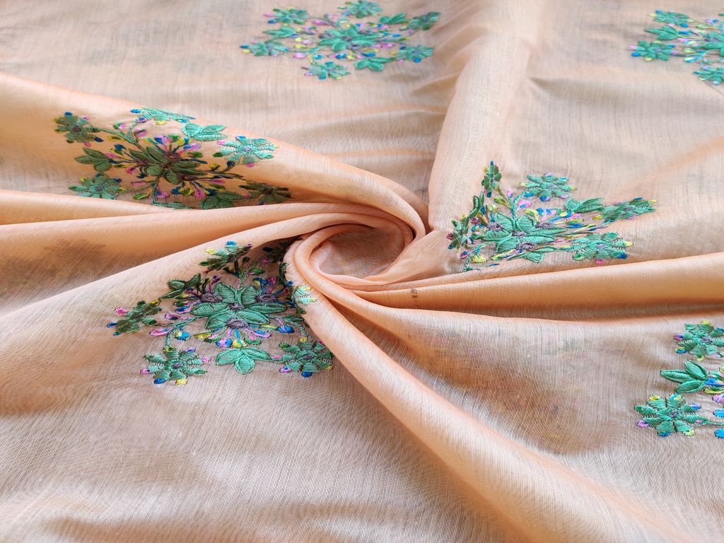 Light Orange Green Multicolour Floral Motifs Embroidered Chanderi Fabric