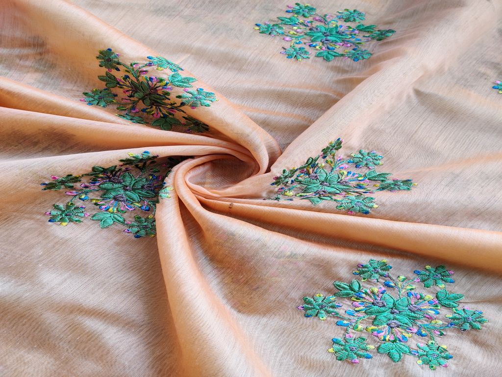 Light Orange Green Multicolour Floral Motifs Embroidered Chanderi Fabric