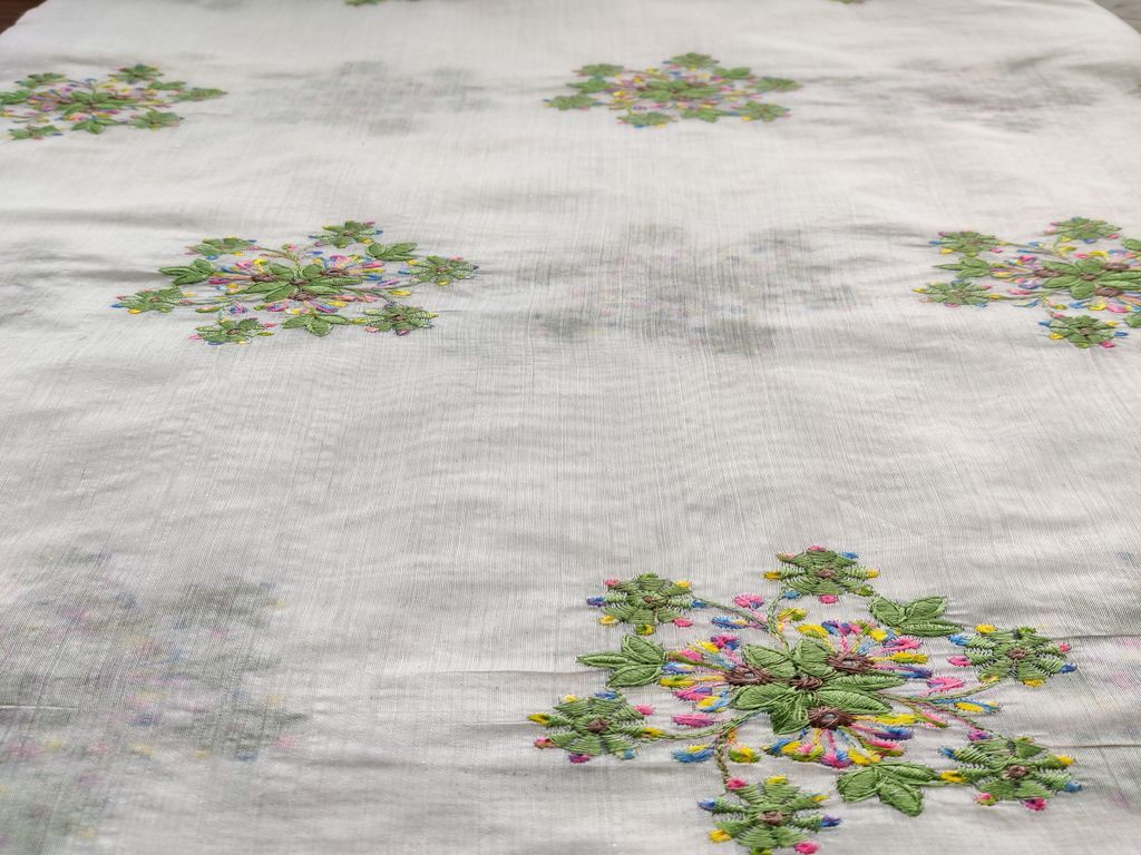 White Green Multicolour Floral Motifs Embroidered Chanderi Fabric
