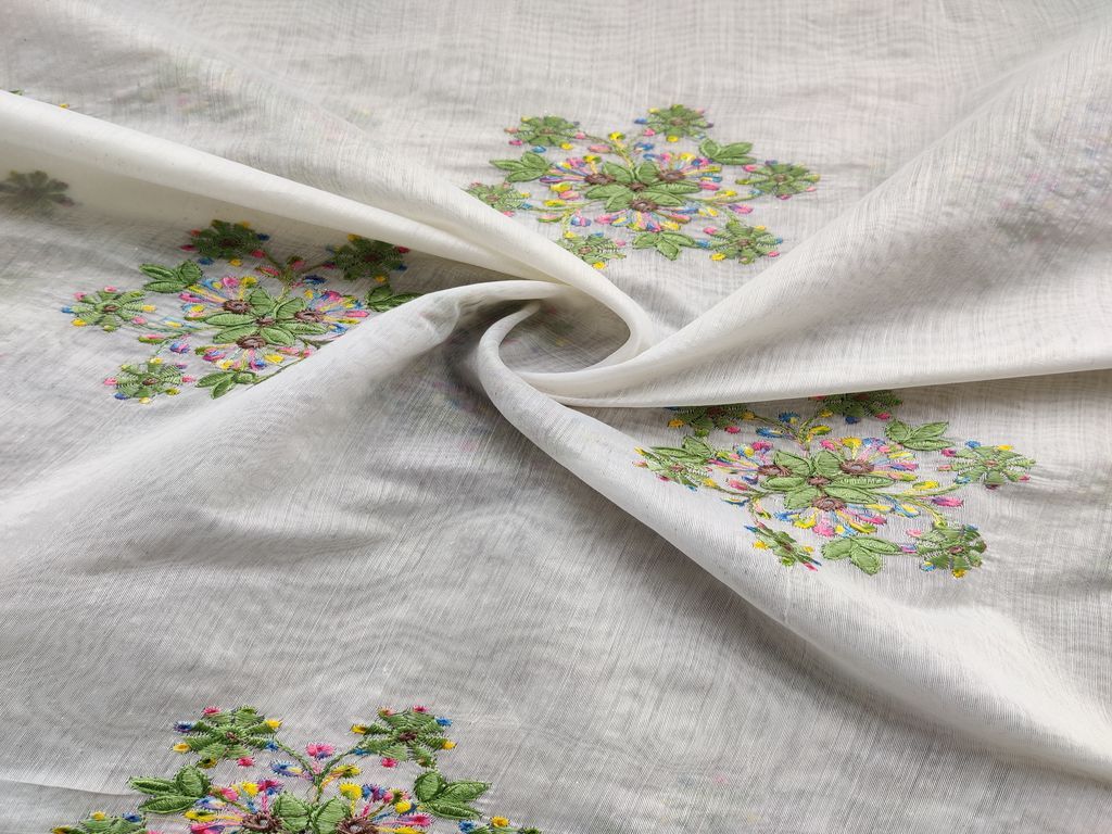 White Green Multicolour Floral Motifs Embroidered Chanderi Fabric
