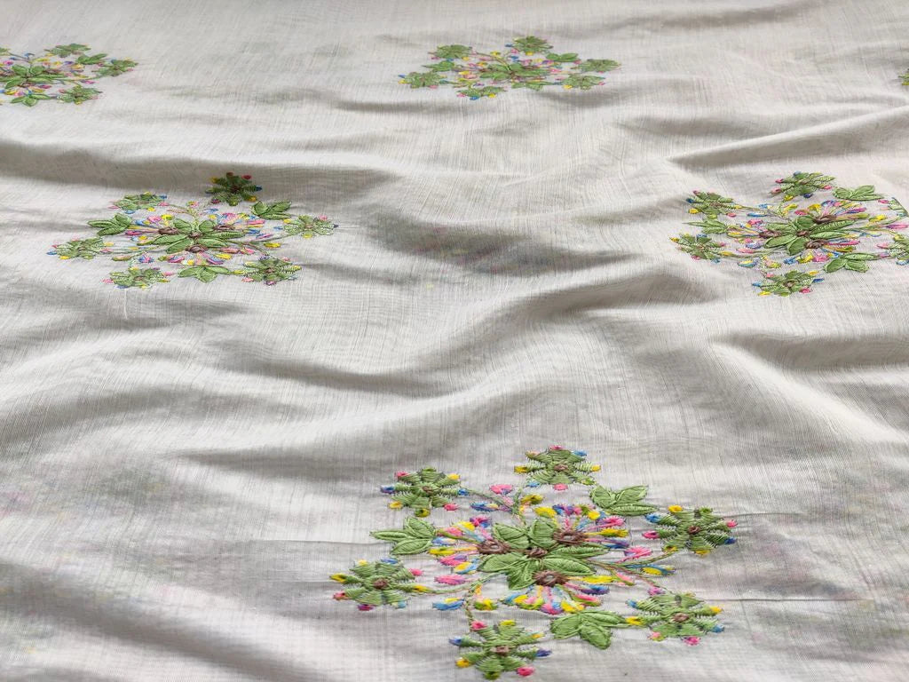 White Green Multicolour Floral Motifs Embroidered Chanderi Fabric