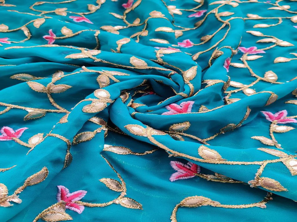 Teal Blue Golden Gota Patti Flowers Embroidered Georgette Fabric