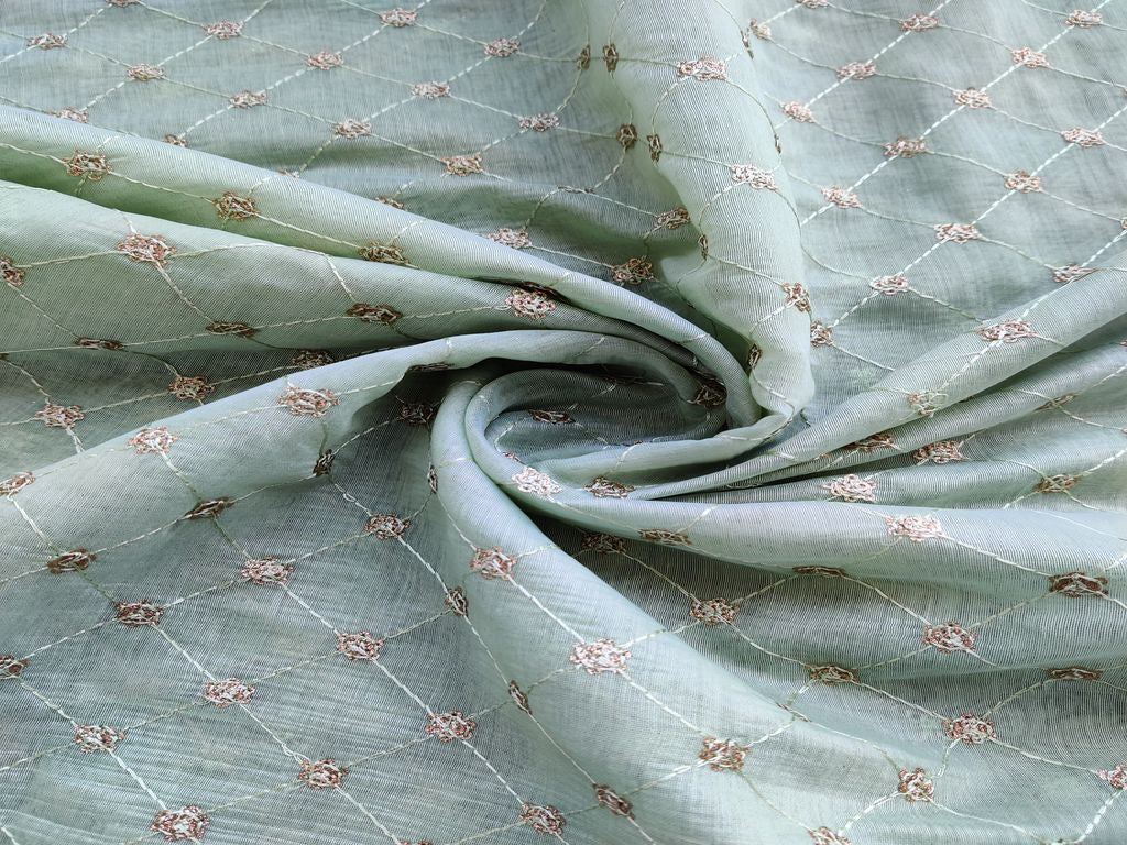 Mint Green Geometric Sequins Embroidered Chanderi Fabric
