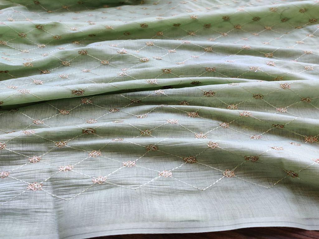 Mint Green Geometric Sequins Embroidered Chanderi Fabric