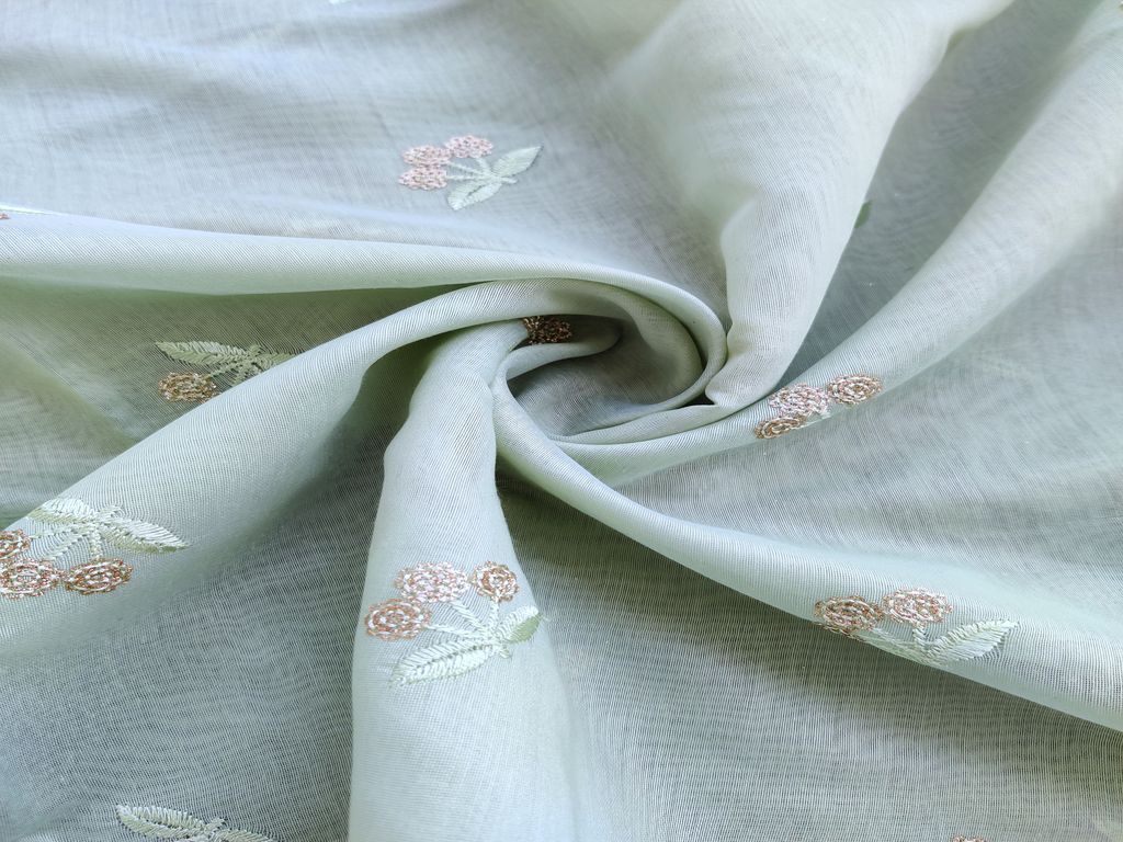 Mint Green Rose Gold Sequins Floral Motifs Embroidered Chanderi Fabric