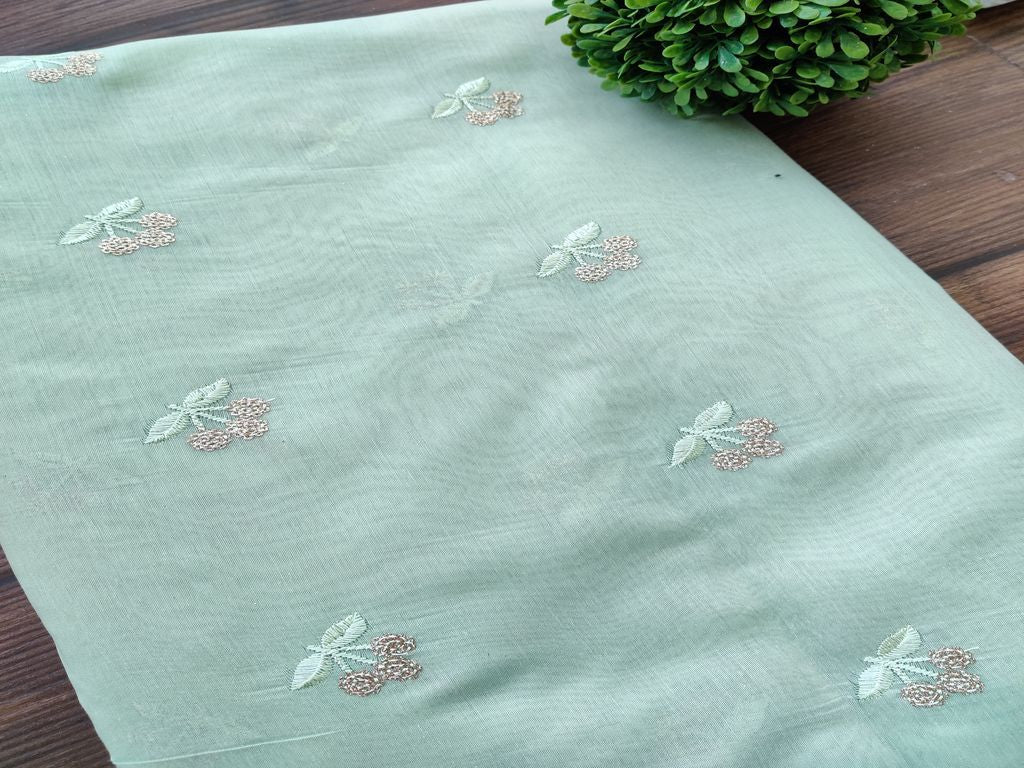 Mint Green Rose Gold Sequins Floral Motifs Embroidered Chanderi Fabric