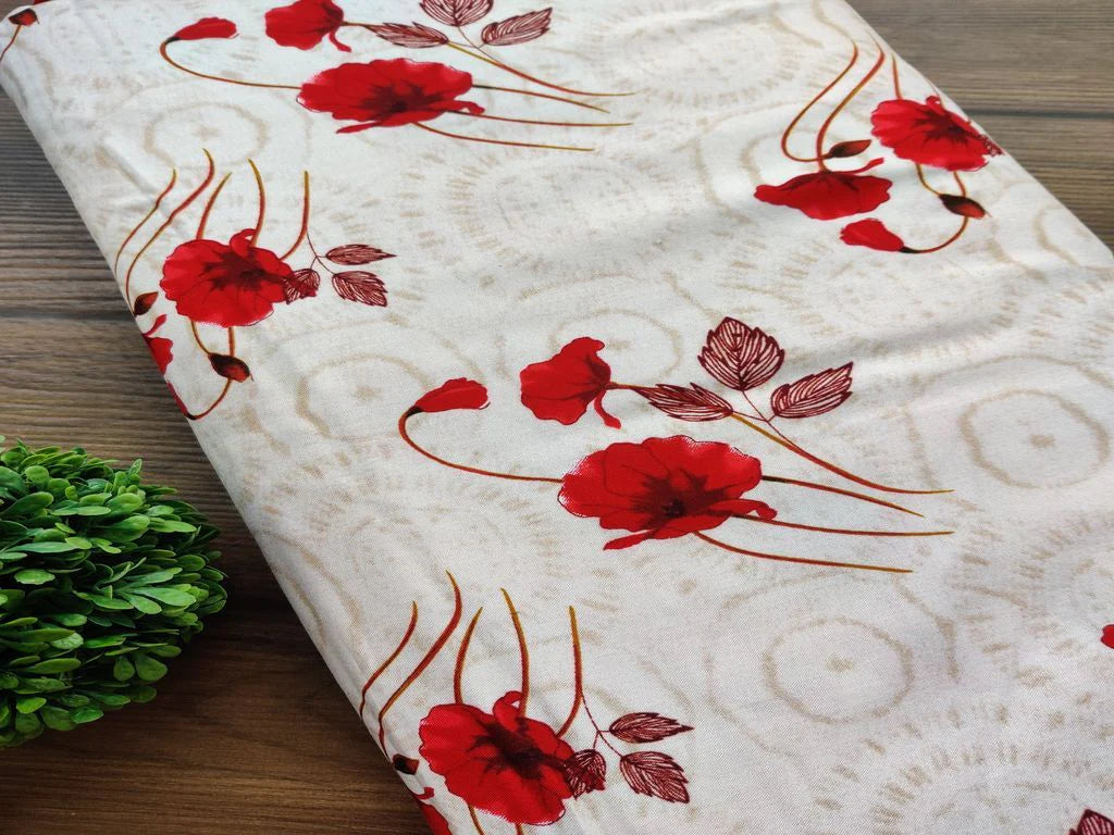 Off White Red Flowers Printed Rayon Fabric