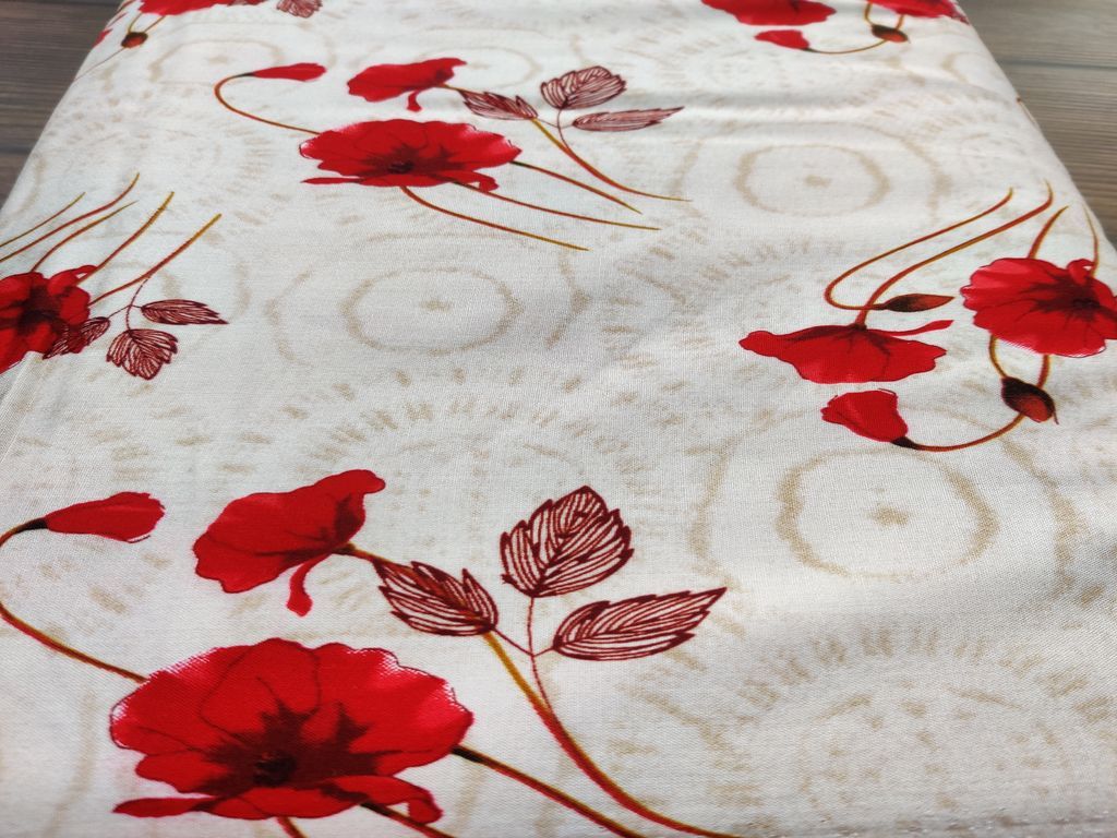 Off White Red Flowers Printed Rayon Fabric