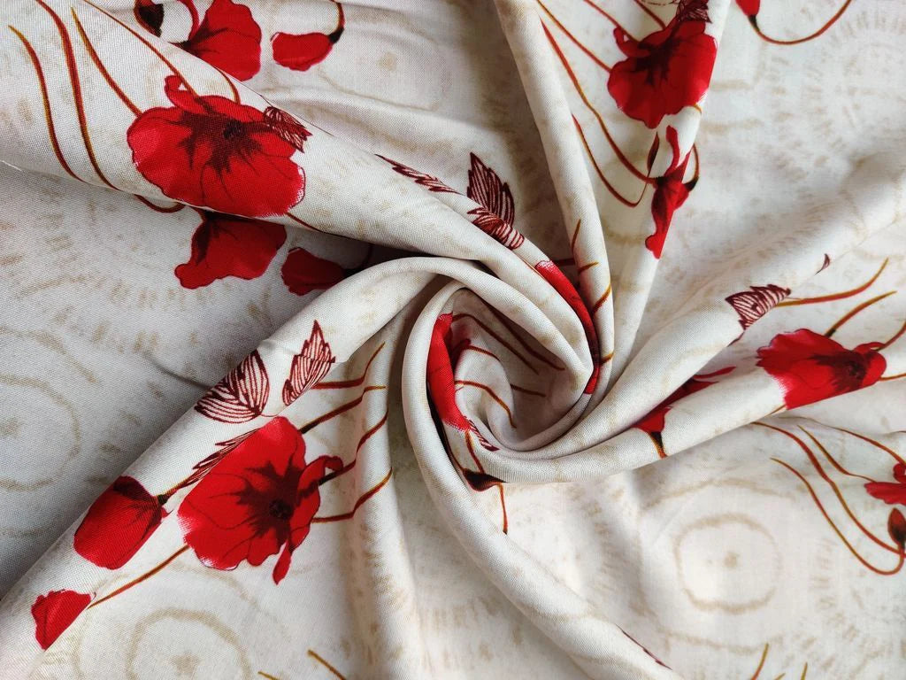 Off White Red Flowers Printed Rayon Fabric